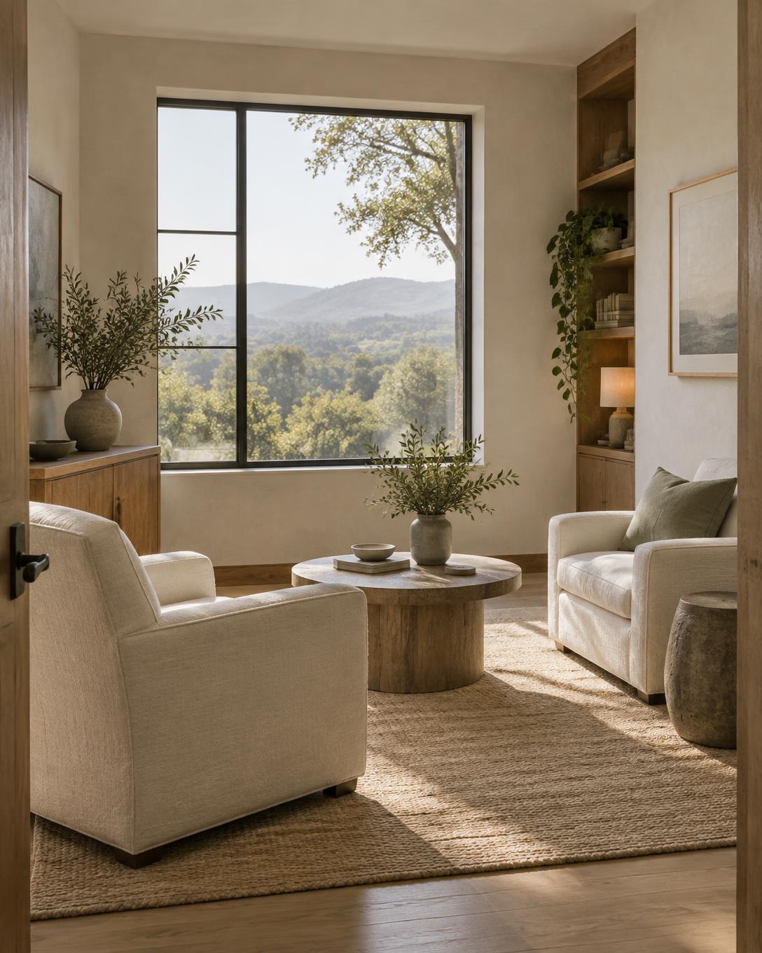 A calm, light-filled private therapy room overlooking Northern California foothills